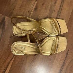 Zara Block-Heel Gold Snakeskin Sandals
